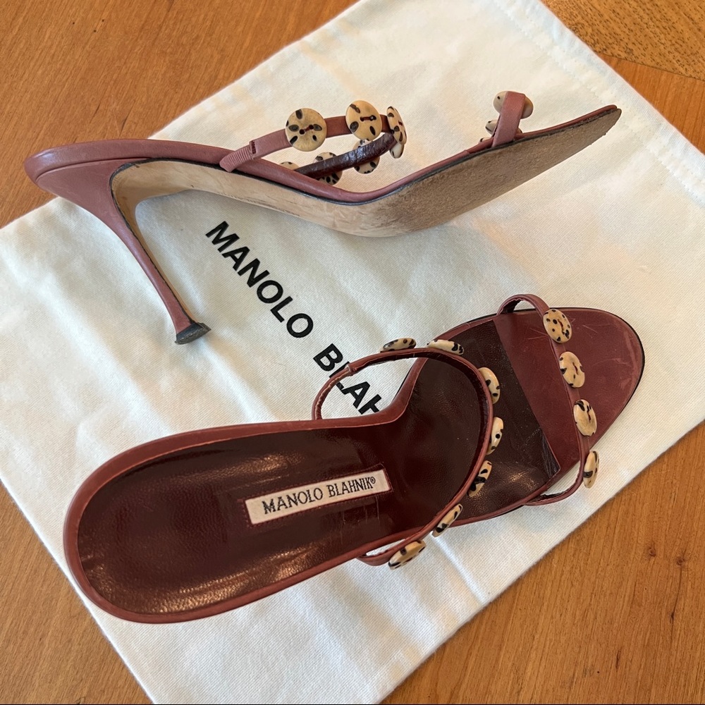 Manolo Blahnik Brown Button Summer Slip on Sandal Heels size 40